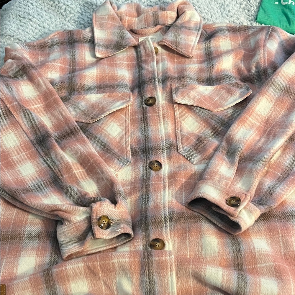 Simply Southern Pink and White Plaid Shirt Jacket